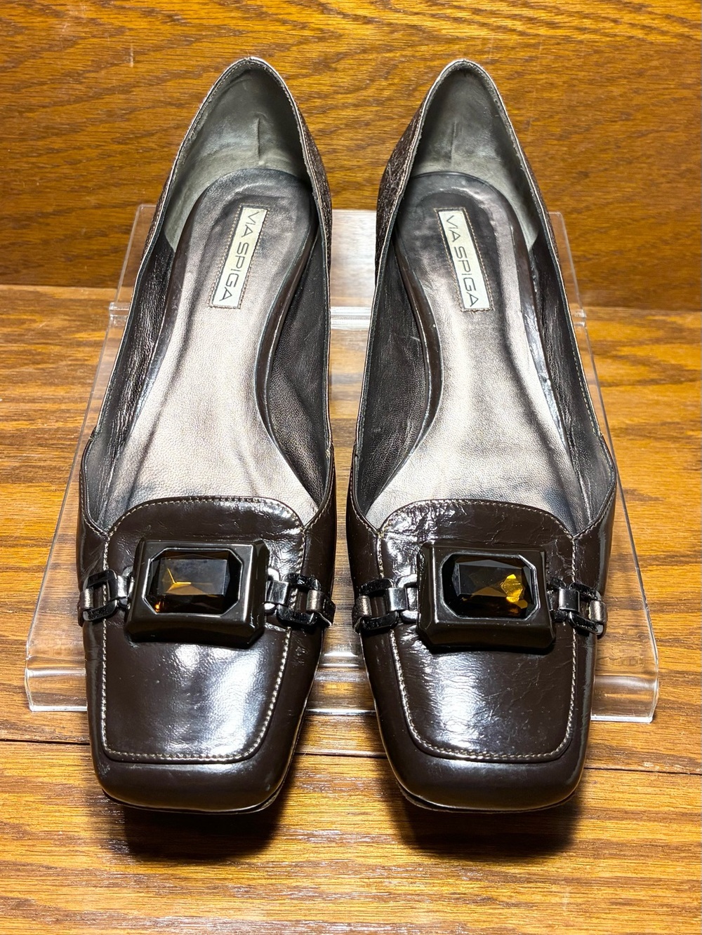 Y2K VTG Via Spiga ITALY MADE Jeweled Brown Patent Bronze Crinkle Leather Pumps 9